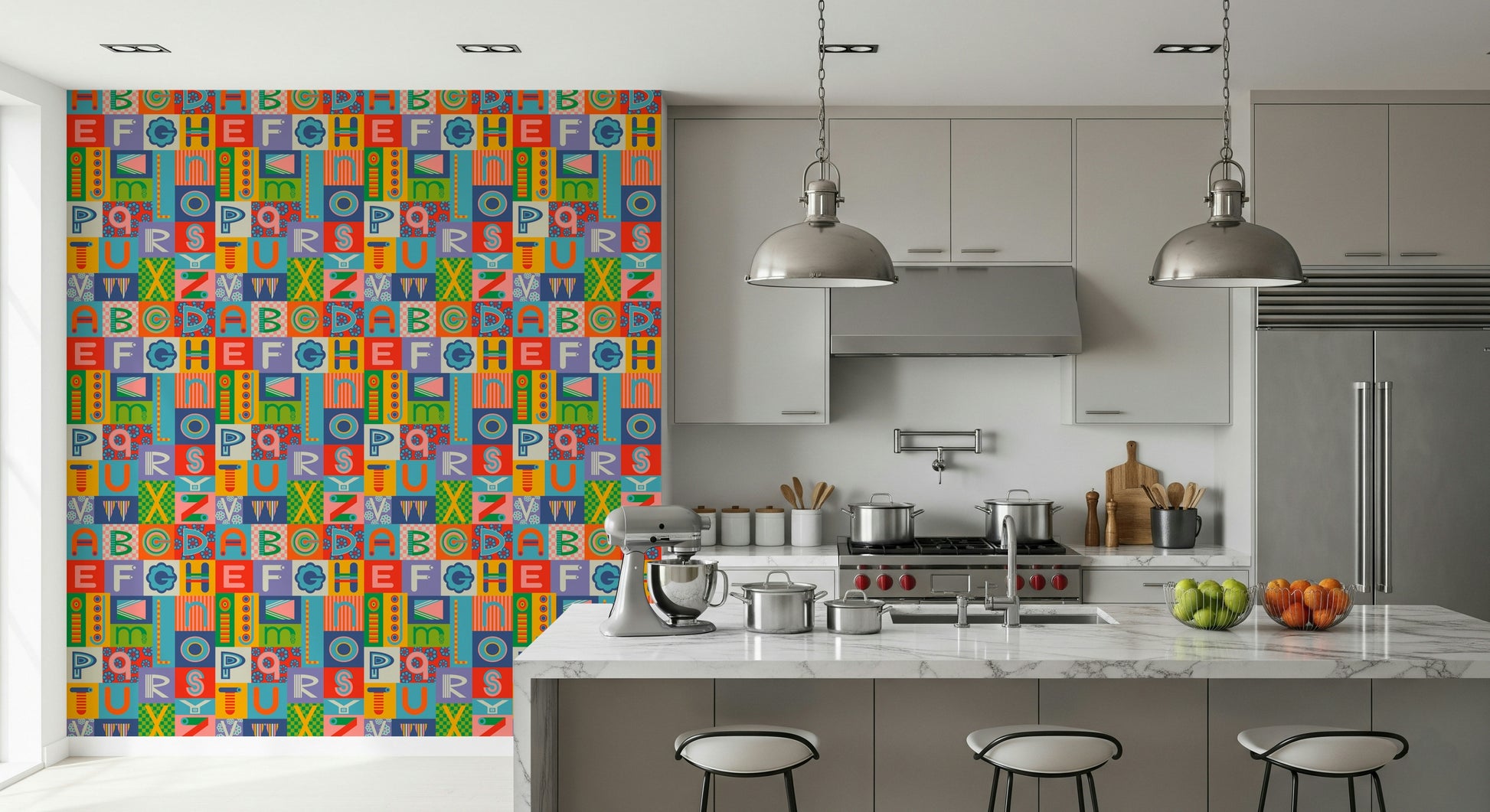 Scattered check and stripe patterns in Retro Alphabet Rainbow Wallpaper design.