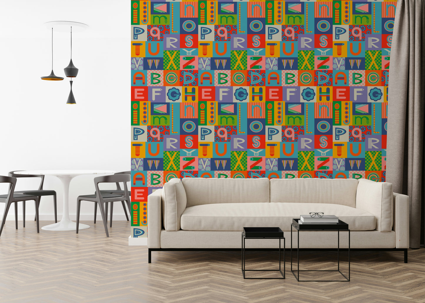 Wide perspective showing Retro Alphabet Rainbow Wallpaper repeating blocks.