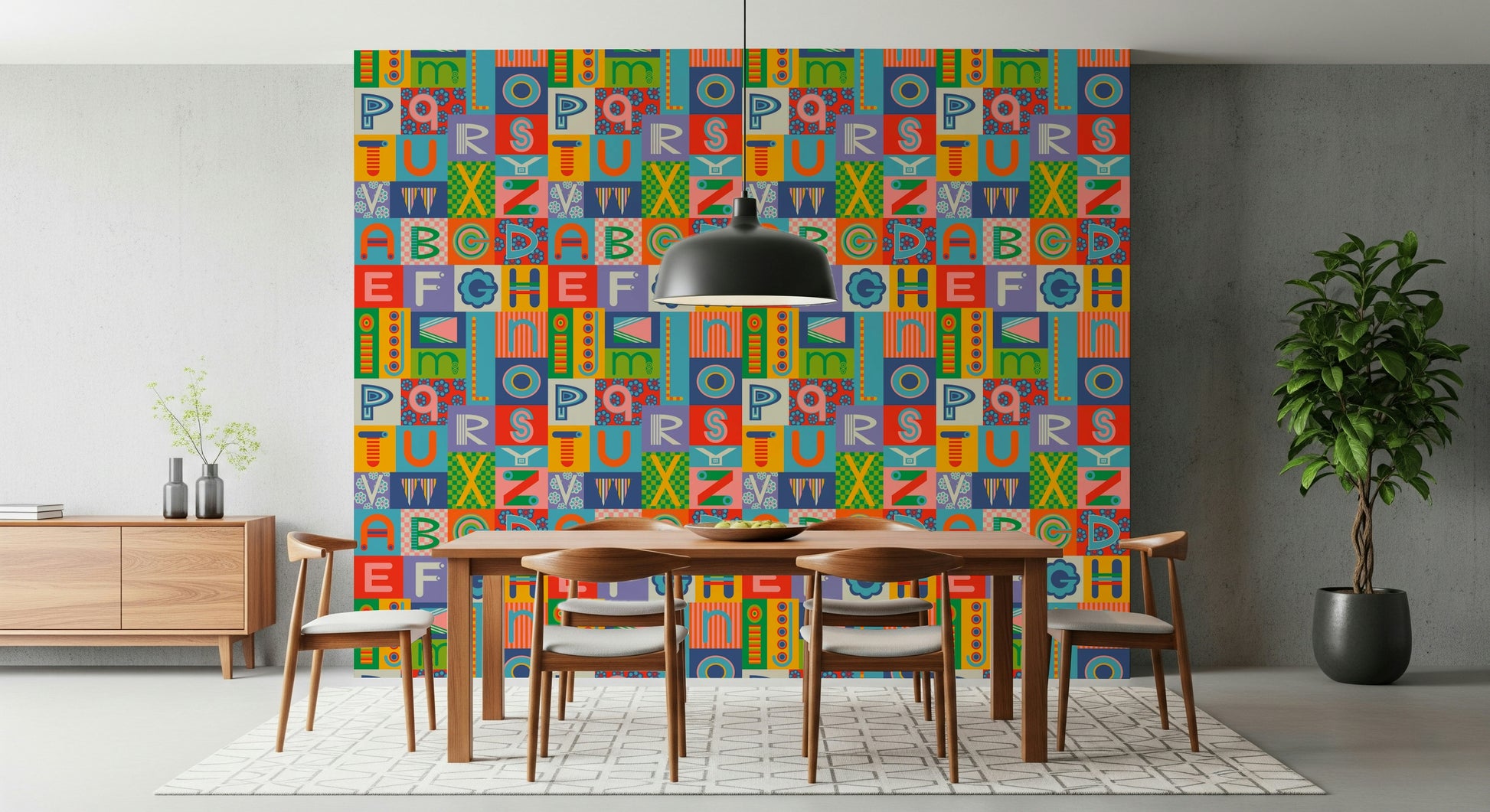 Geometric blocks of color on Retro Alphabet Rainbow Wallpaper.
