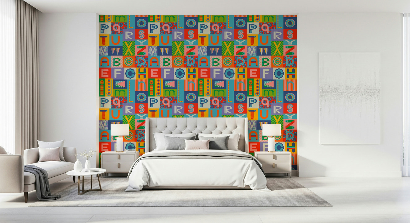 Stylized ABC lettering of Retro Alphabet Rainbow Wallpaper mural art.