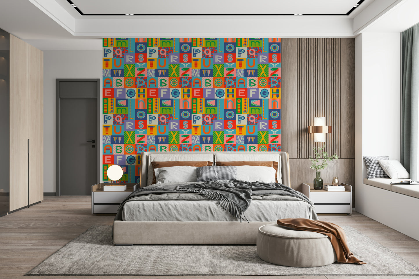 Symmetrical layout of letters on Retro Alphabet Rainbow Wallpaper mural.