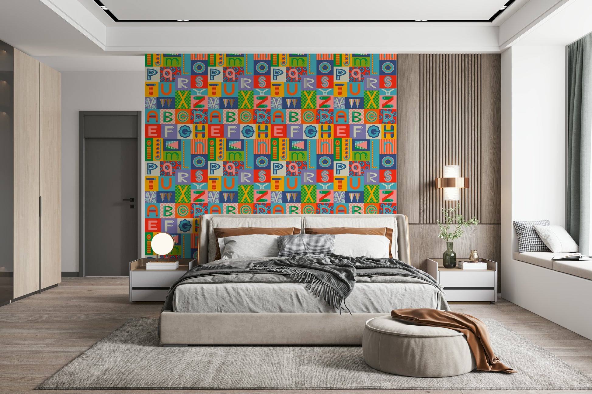 Symmetrical layout of letters on Retro Alphabet Rainbow Wallpaper mural.