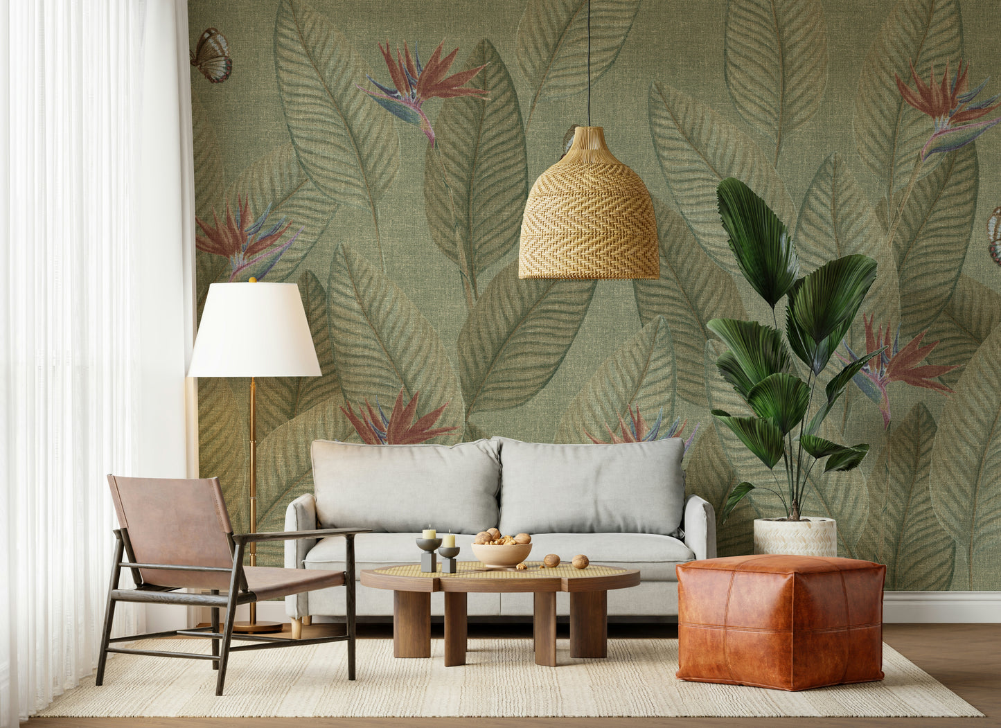 Jungle Life Faded, dreamy mural wallpaper, faint Bird of Paradise flowers.