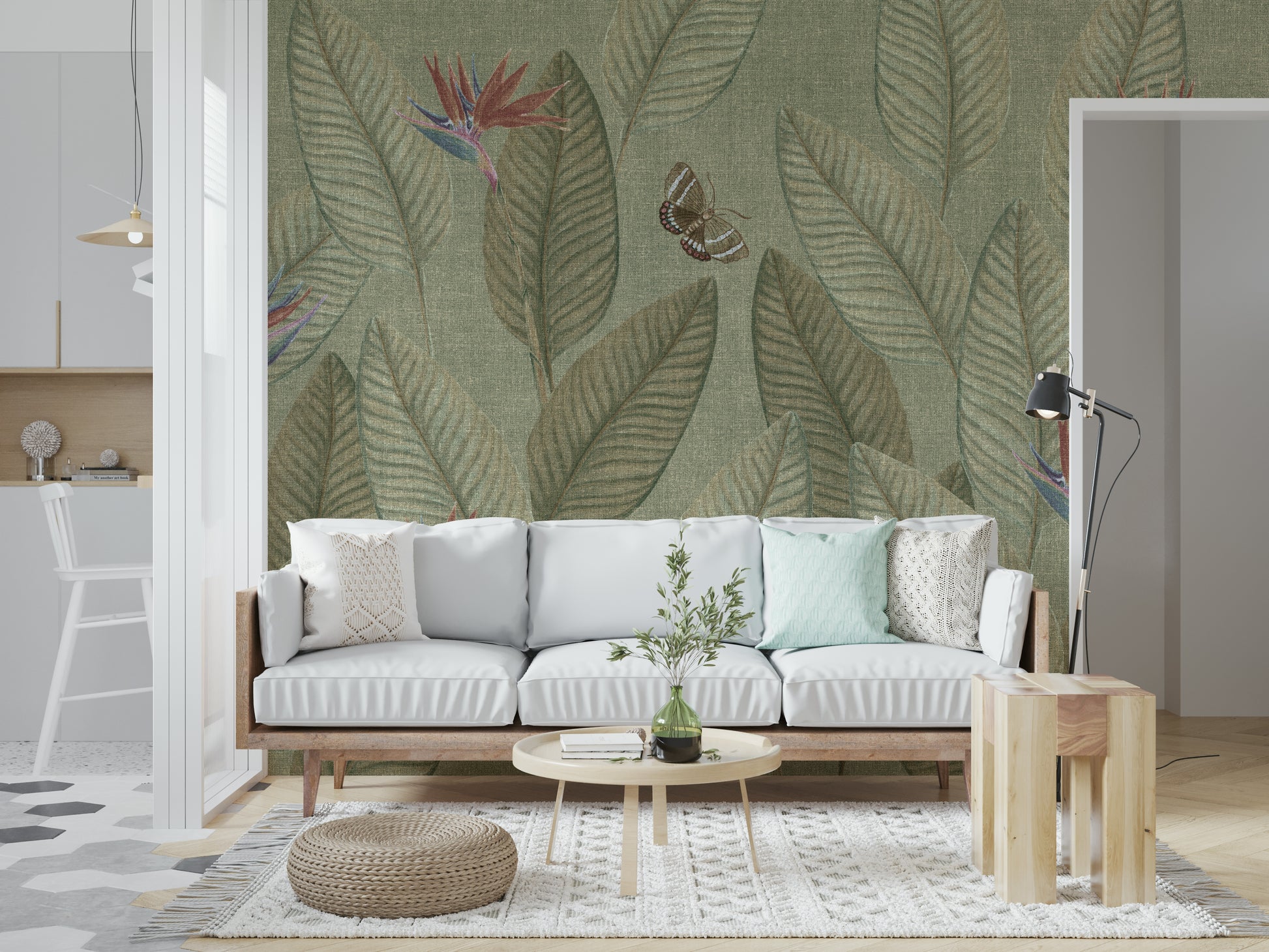 Aged tropical wall mural, Jungle Life Faded, with pale butterflies.