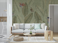 Aged tropical wall mural, Jungle Life Faded, with pale butterflies.