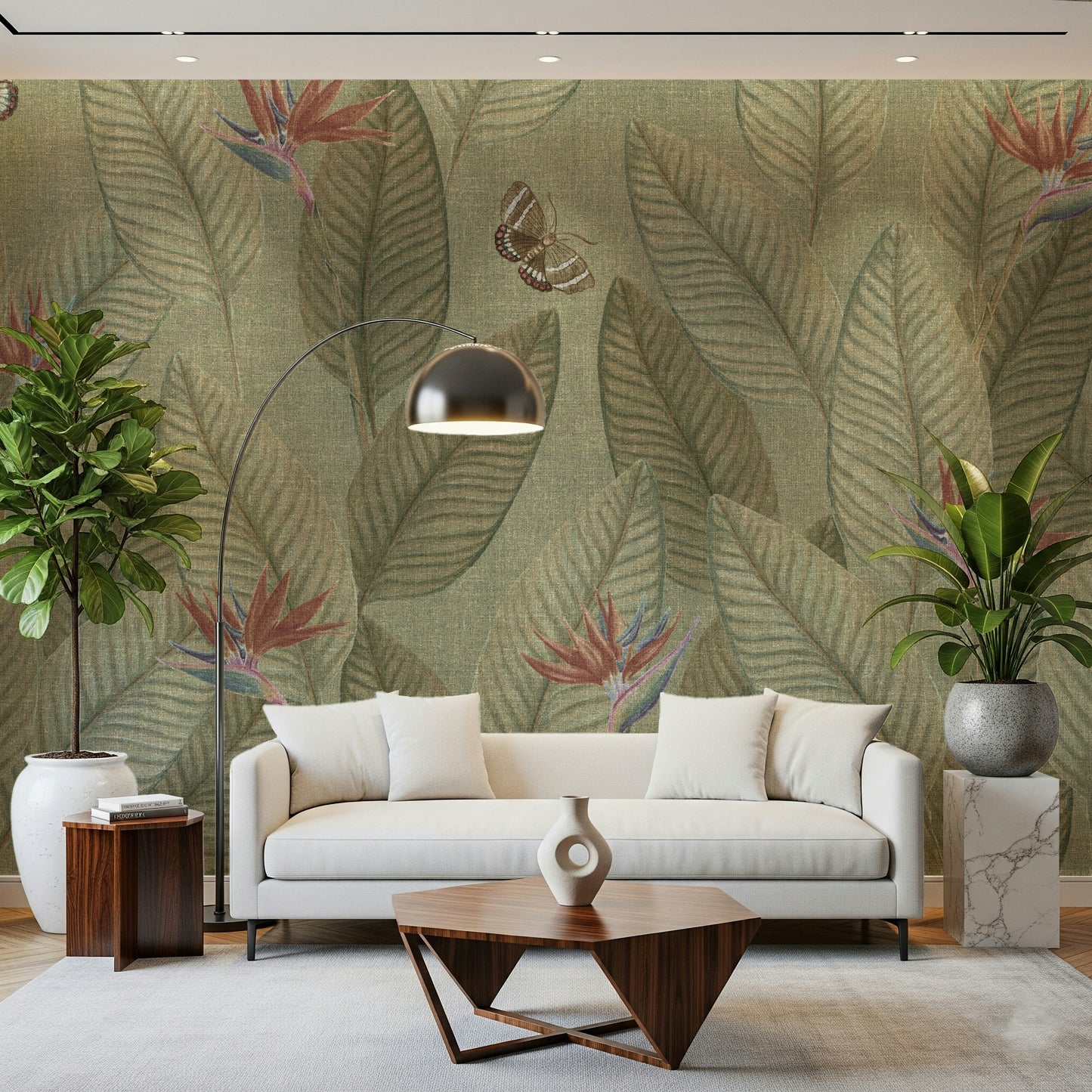 Jungle Life Faded wallpaper mural, soft foliage, and gentle butterflies.