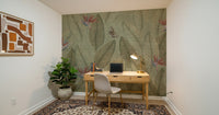 Soft green linen look wallpaper, Jungle Life Faded wall art.