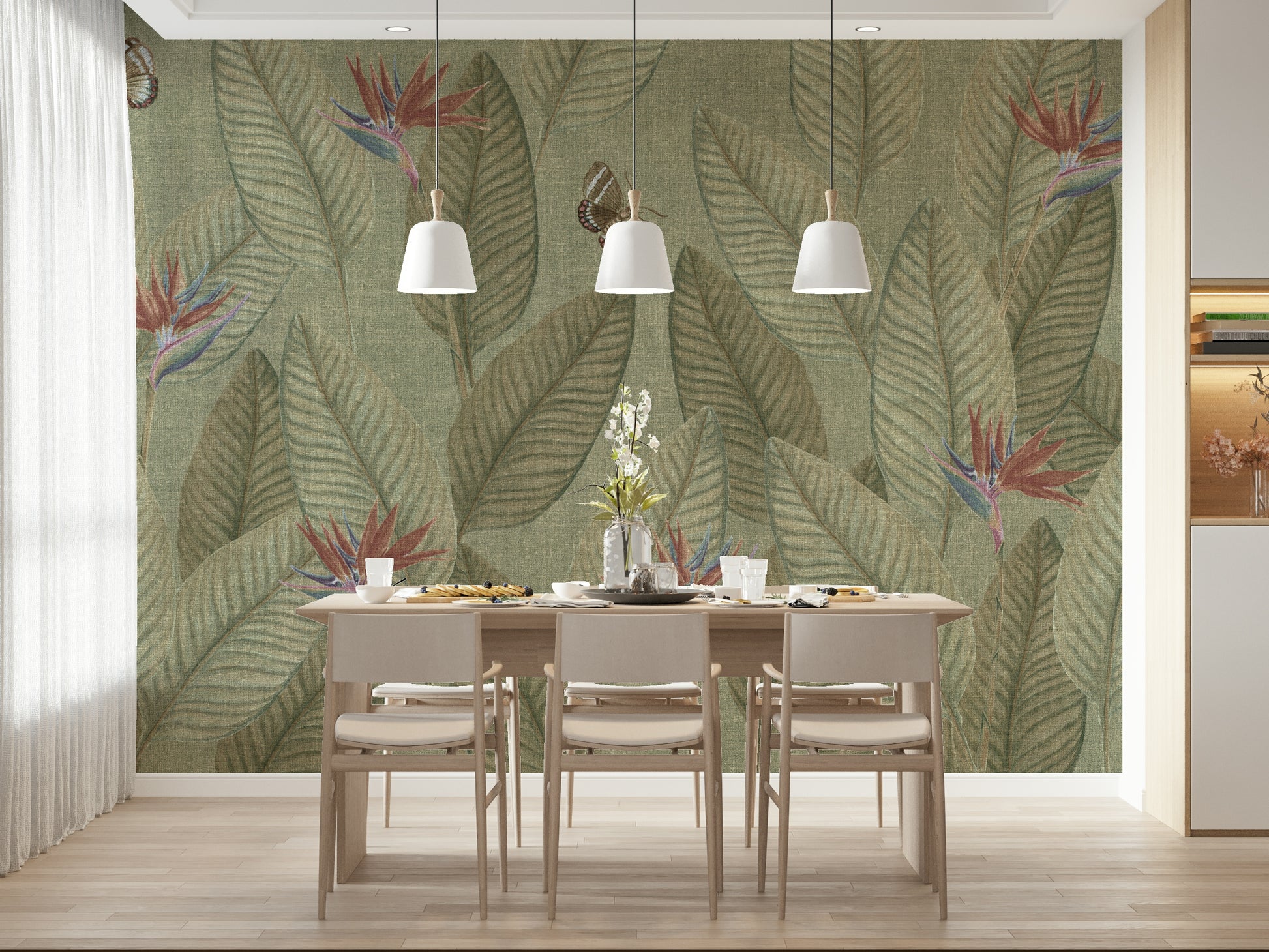 Muted wall covering, Jungle Life, diffused foliage, nostalgic style.