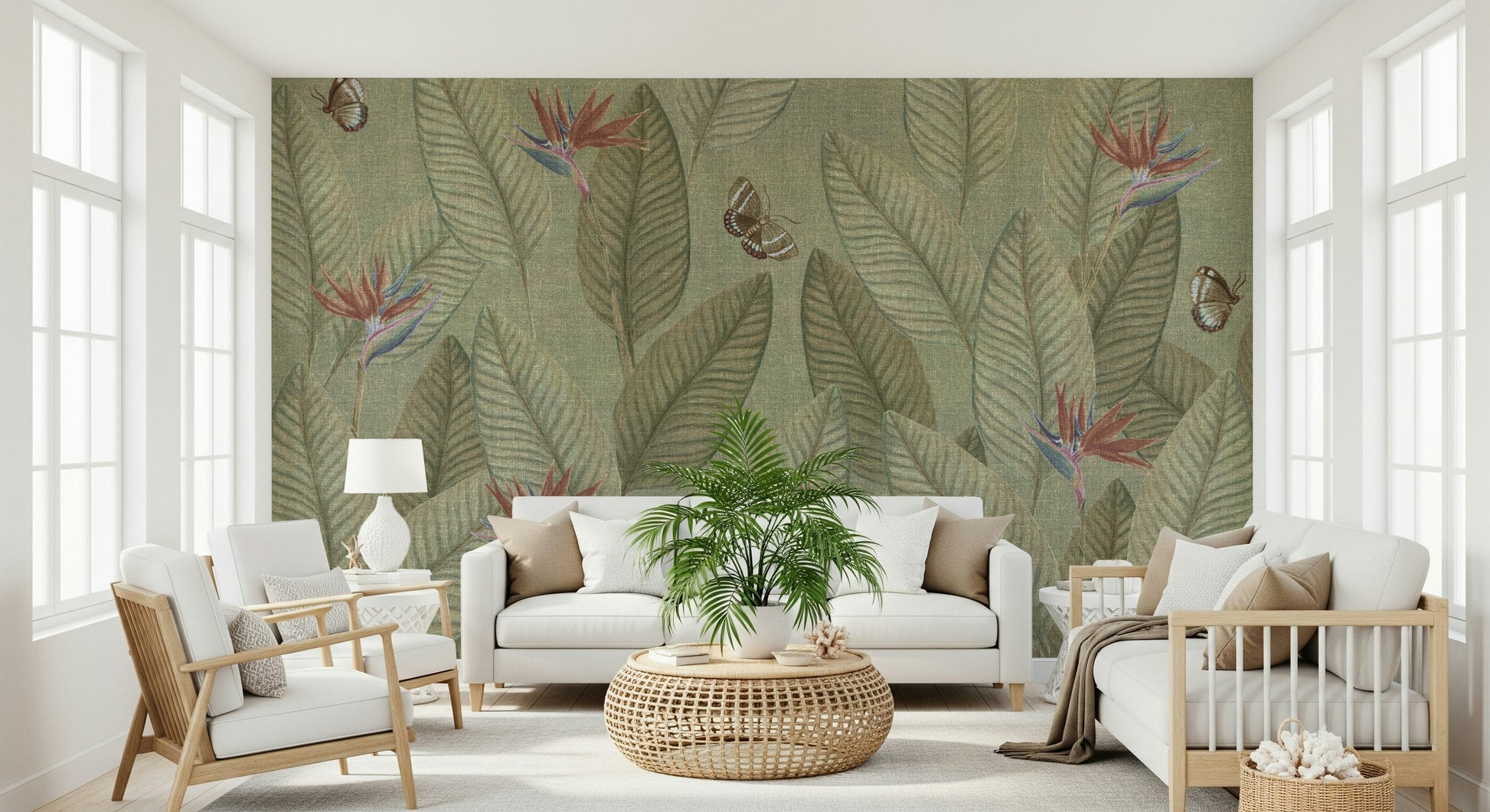 Ethereal jungle wallpaper, Faded, light pattern, calming leaves.