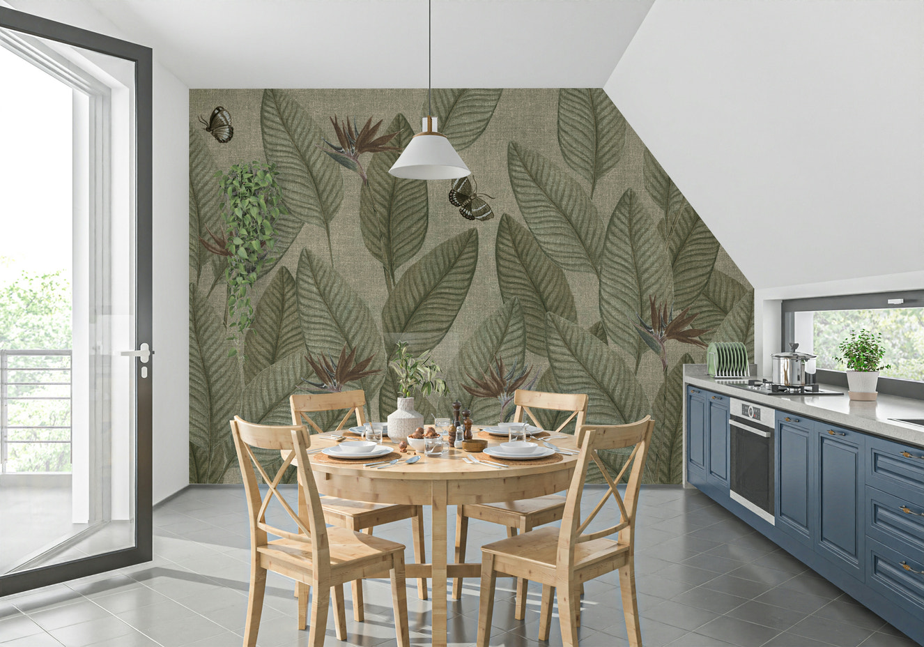Jungle Life Antique wallpaper mural, lush foliage, and delicate butterflies.