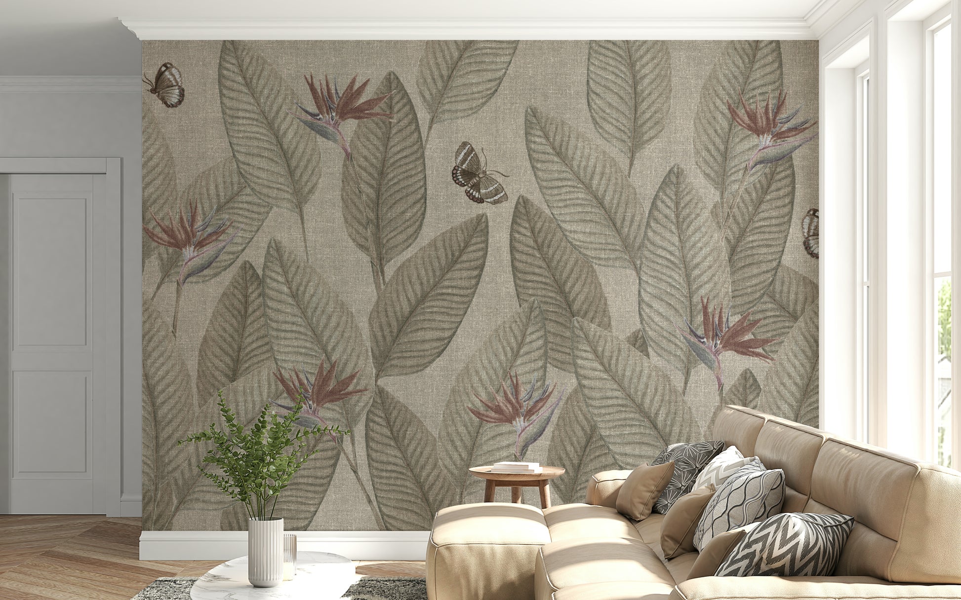 Earthy, muted tone jungle wallpaper for walls with elegant leafy patterns.