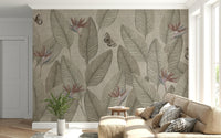 Earthy, muted tone jungle wallpaper for walls with elegant leafy patterns.
