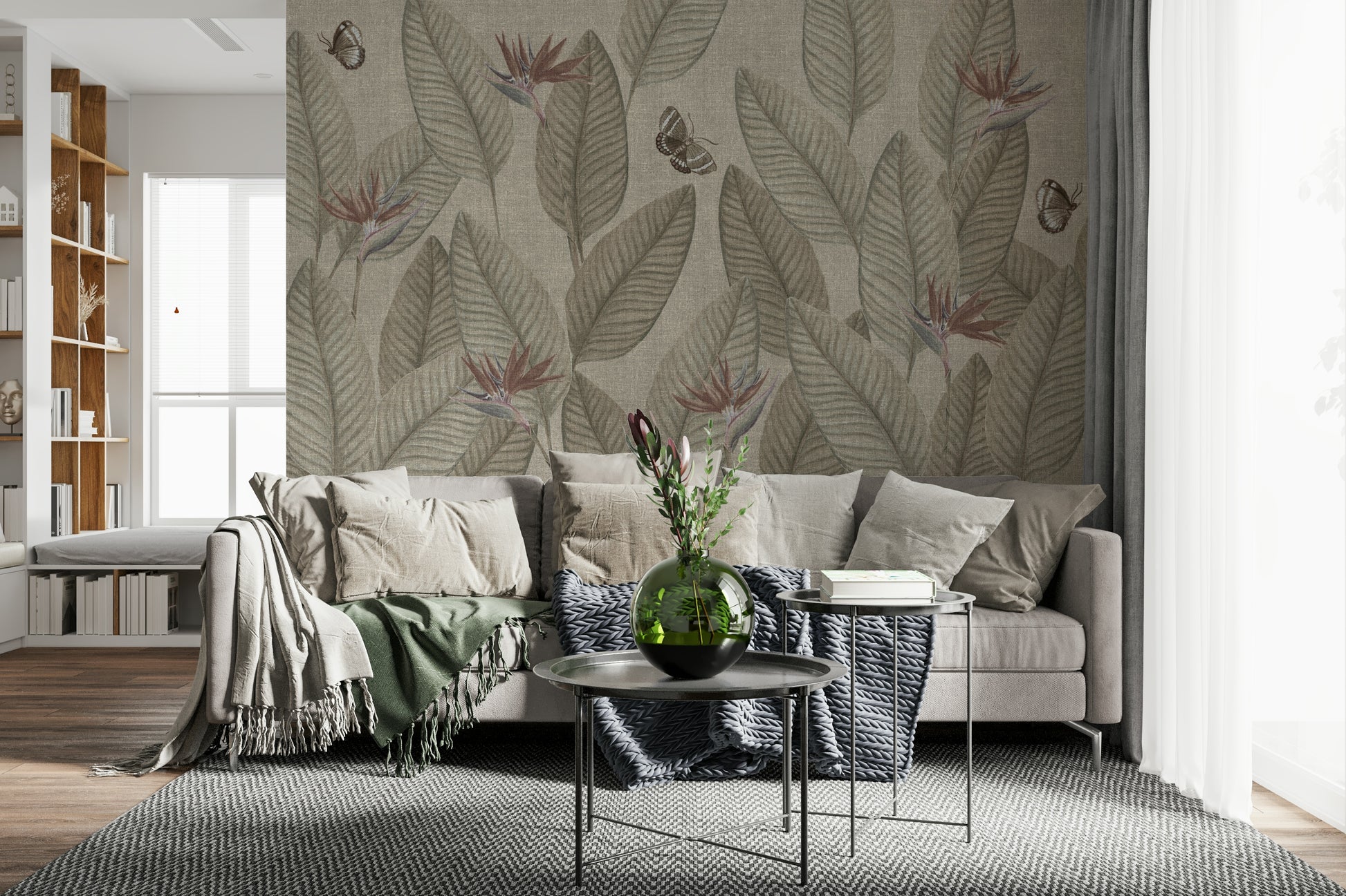 Hand-drawn style wall mural, leafy texture with accents of muted blossoms.