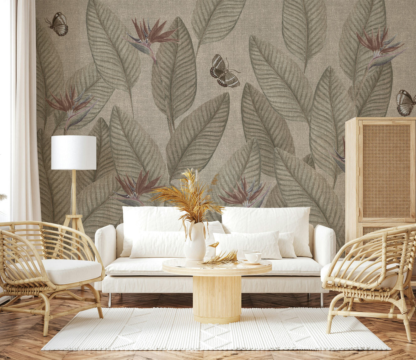 Jungle Life Muted wall mural featuring serene leaves and delicate butterflies.