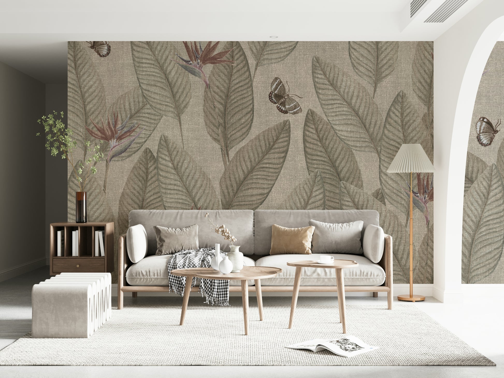 Artistic wall covering showing stylized tropical plants and gentle butterflies.