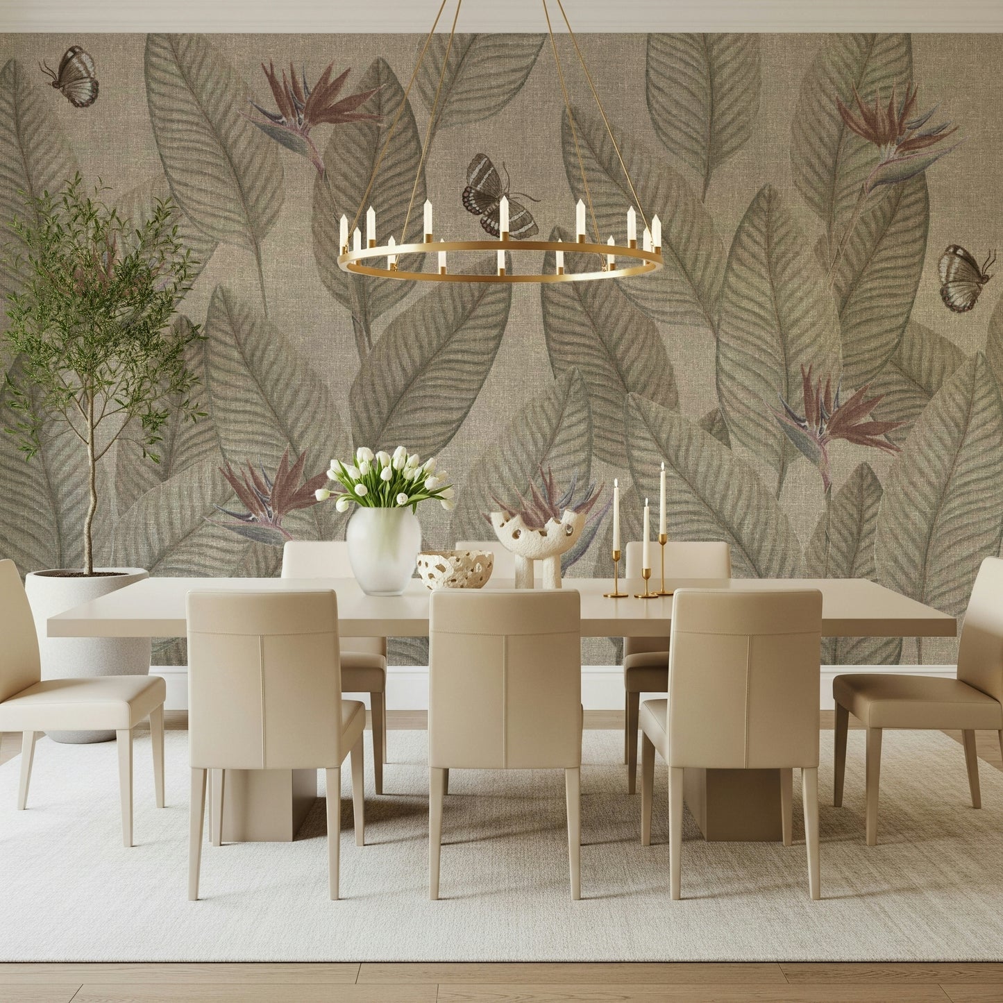 Subtle botanical wallpaper with tropical fronds and Bird of Paradise flowers.