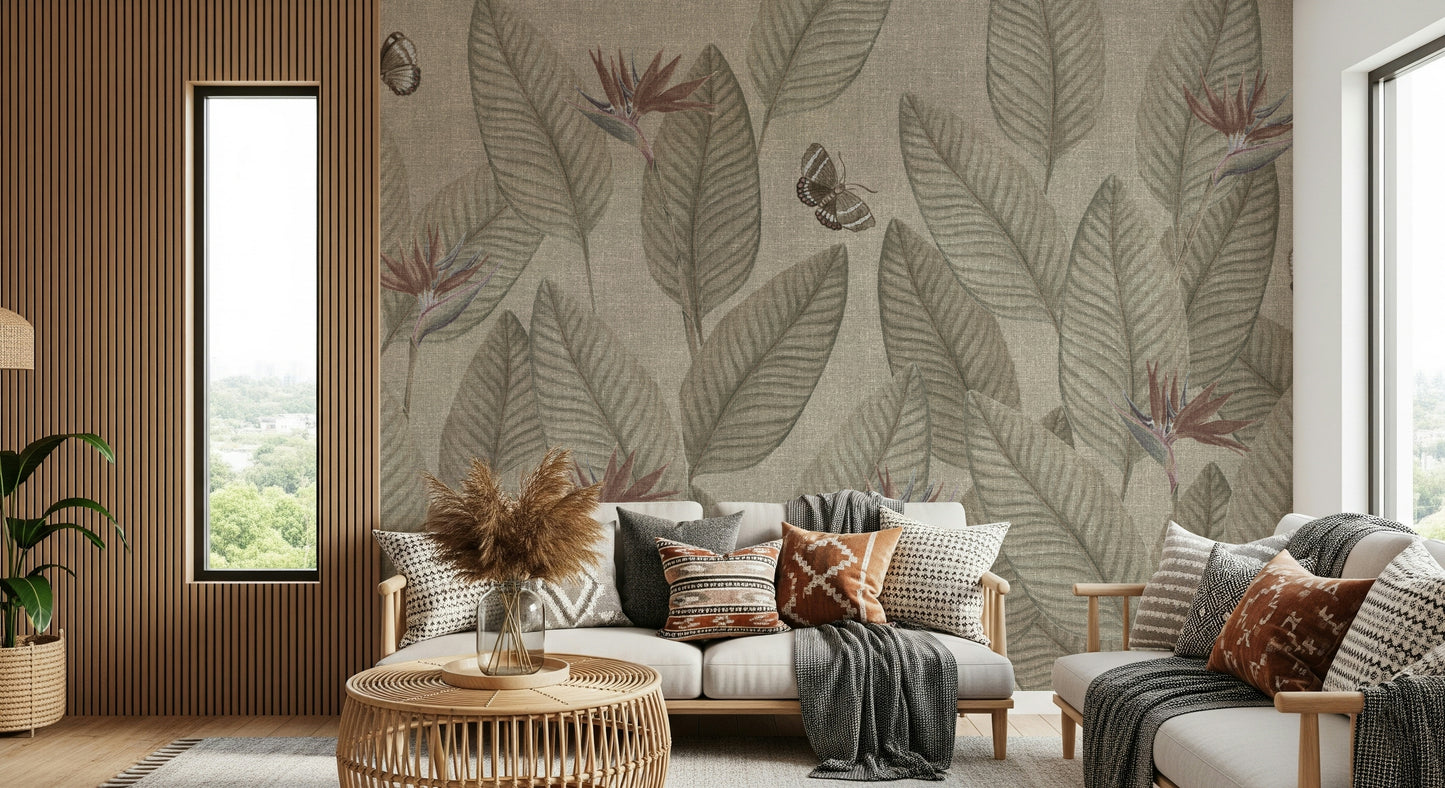 Decorative wallpaper with large palmetto leaves and fluttering insects.