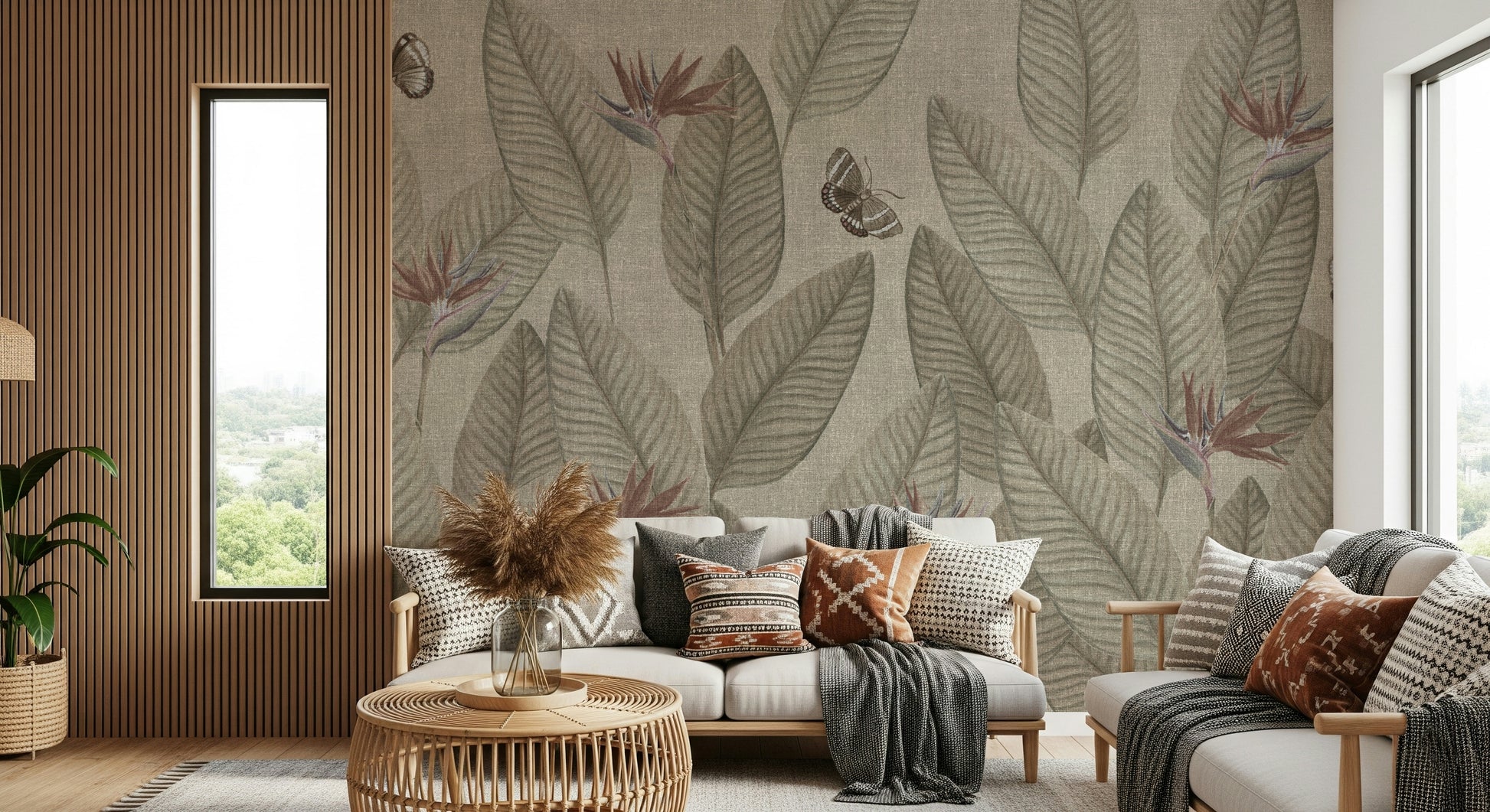 Decorative wallpaper with large palmetto leaves and fluttering insects.