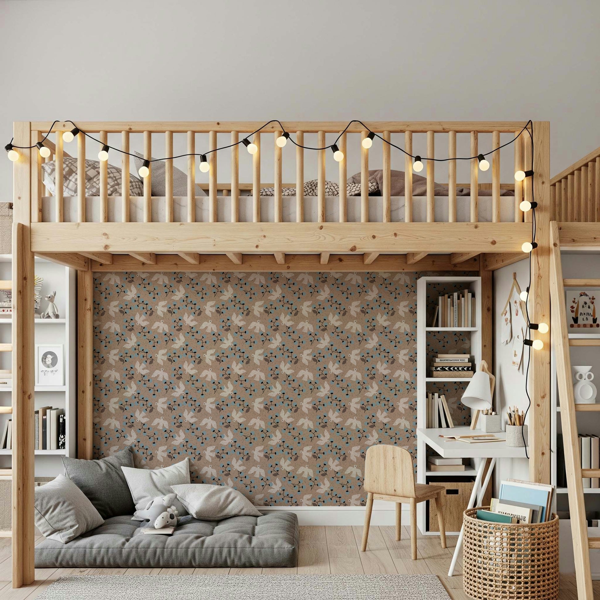 Dove & Berry Delight wallpaper for walls, rustic texture, blue berries.