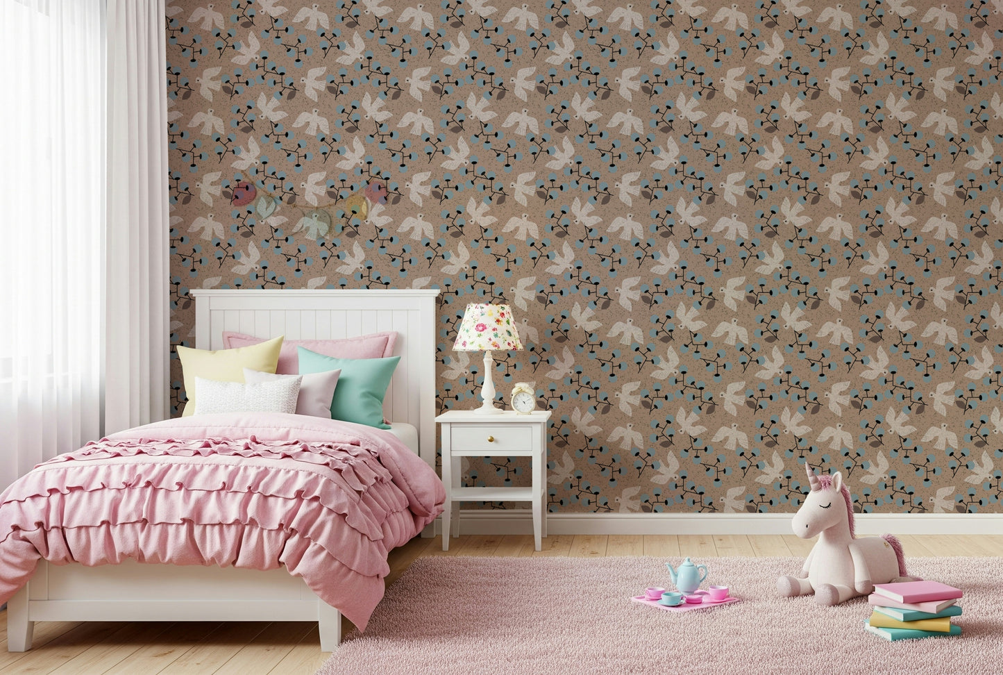 Repetitive Dove & Berry Delight wallpaper with nature-inspired motifs.