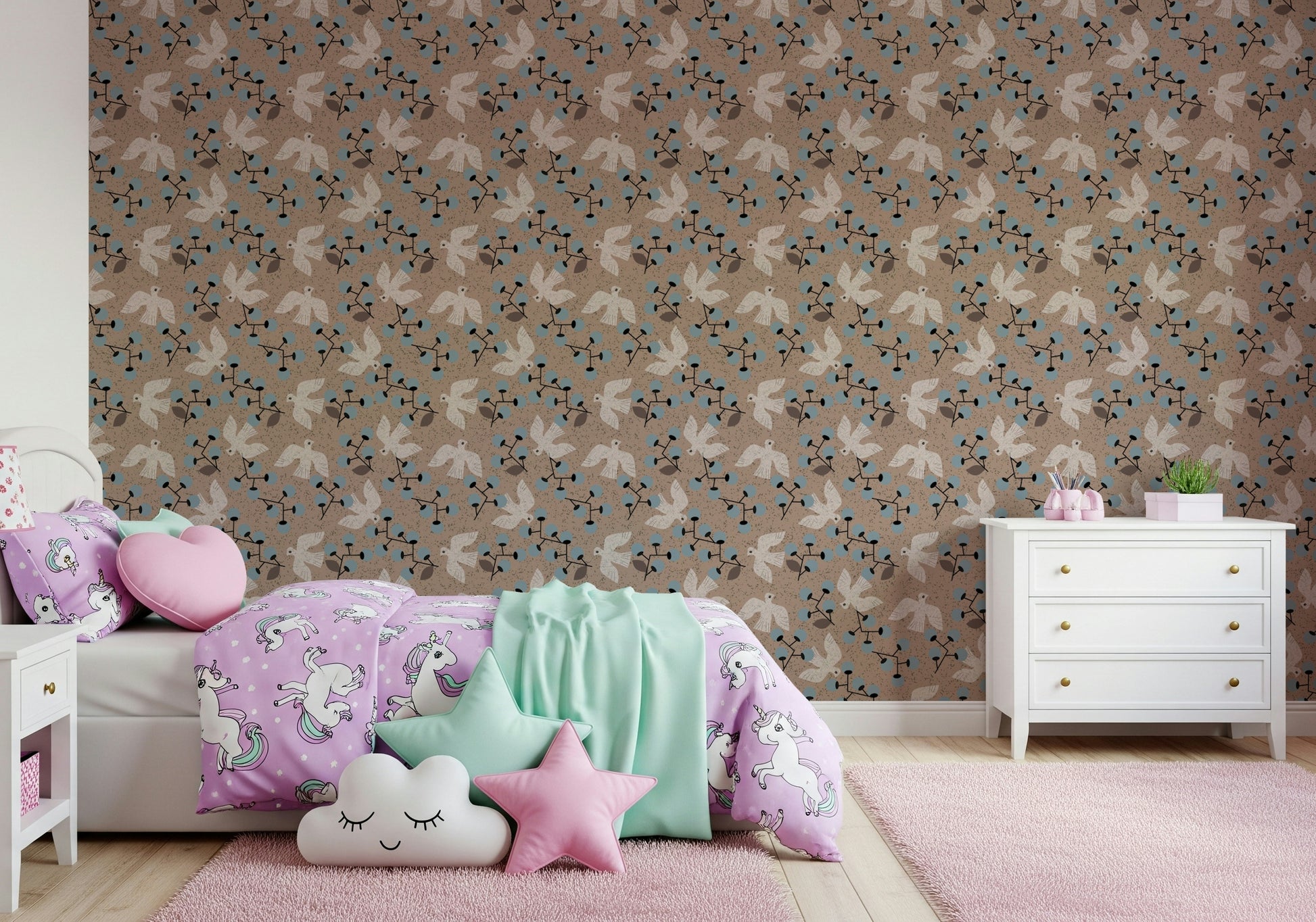 Seamless Dove & Berry Delight background, a warm avian wall covering.