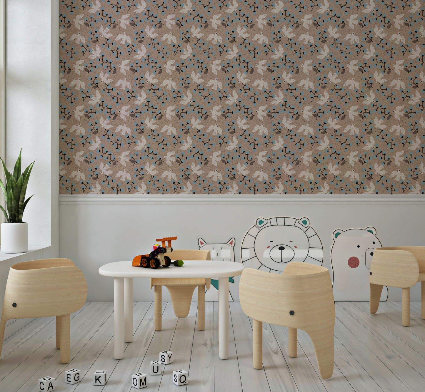 Neutral tone Dove & Berry Delight peel and stick wallpaper panel.