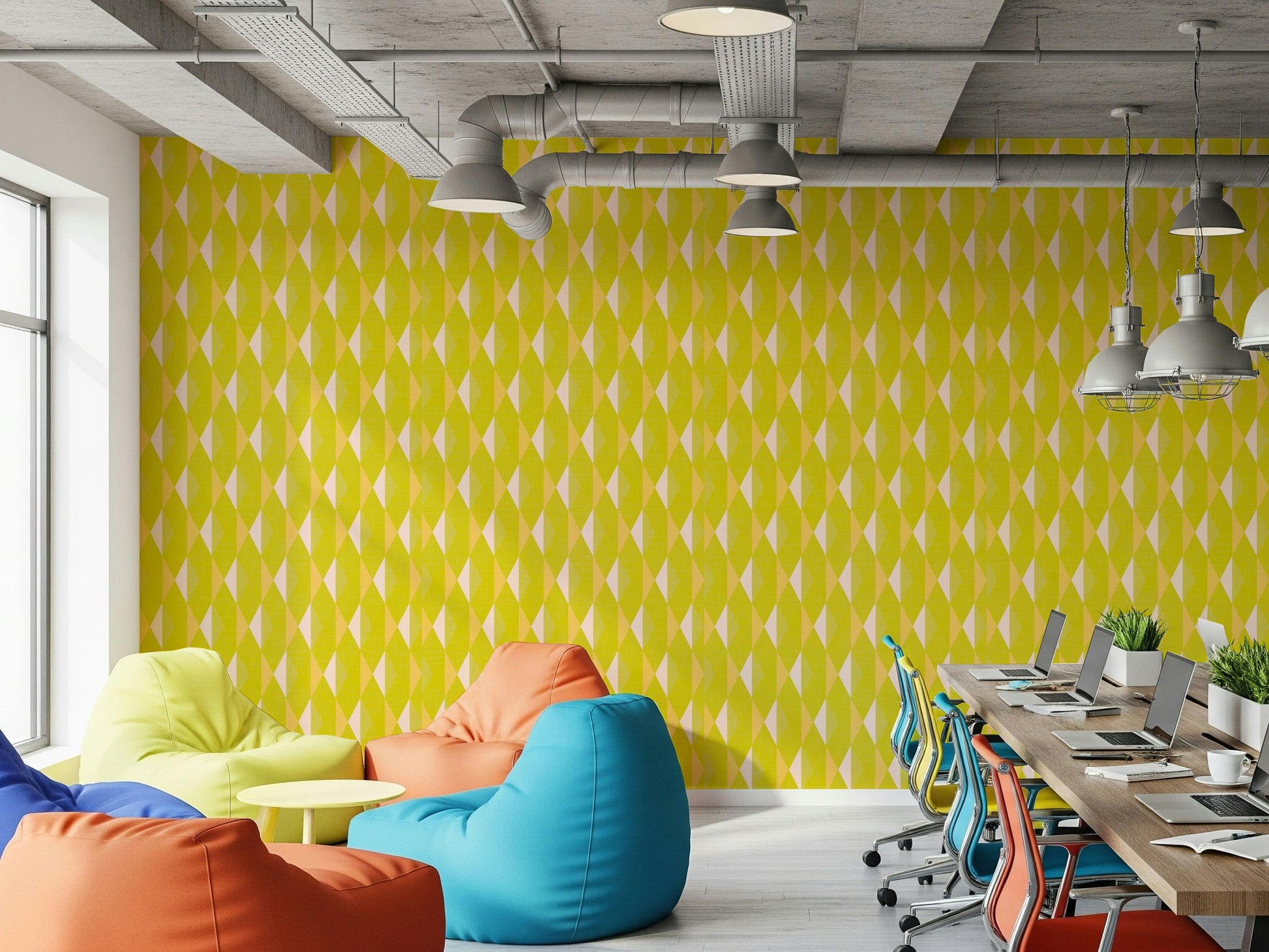 Lemon Rhombus peel and stick wallpaper, opulent citrus motif treatment.