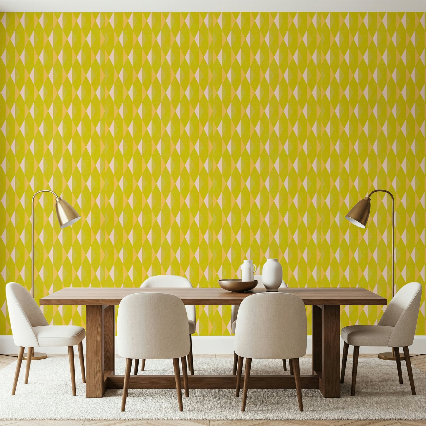 Vivid Lemon Rhombus wall mural, mid-century diamond motif, refreshing.