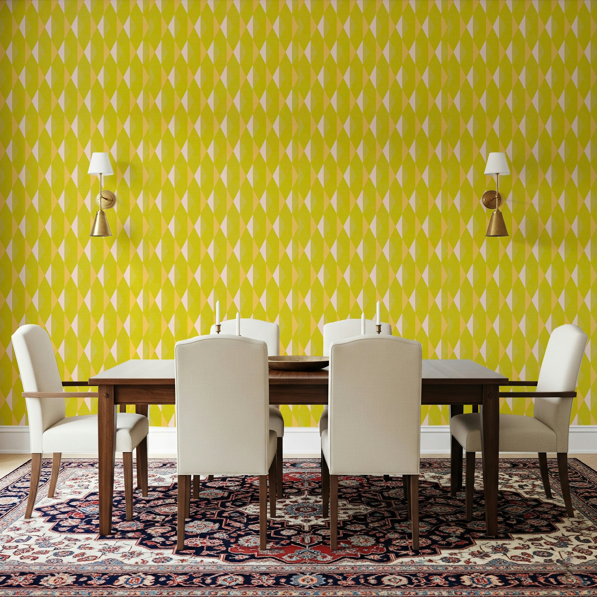 Lemon Rhombus vintage wallpaper for walls, geometric lime design.