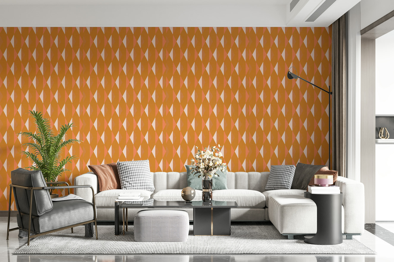 Amber Echoes wallpaper: Warm orange geometric diamonds create a stunning wall design.