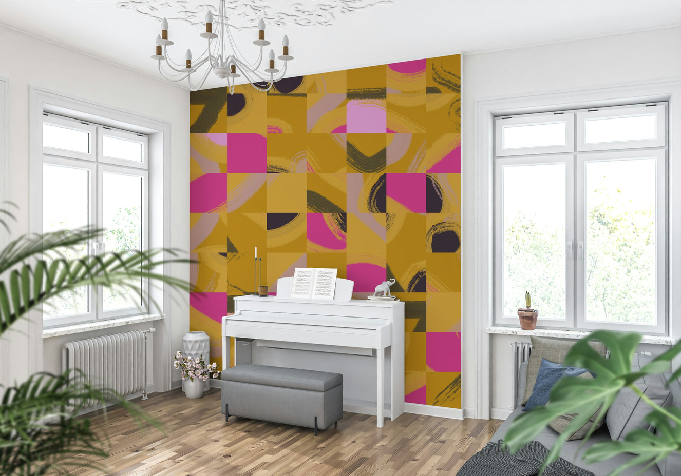 Artistic Tile Play abstract geometric brushstroke modern wallpaper pattern.