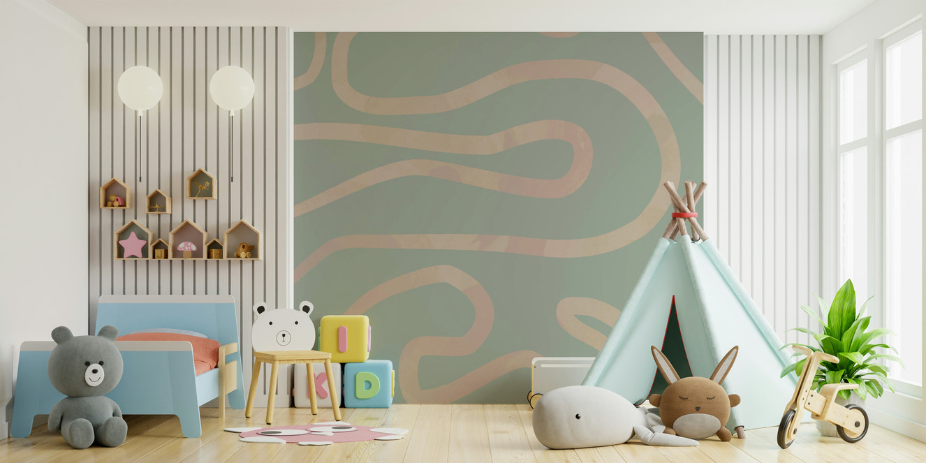 Serene Flowing Lines Green minimalist curved wall mural design.