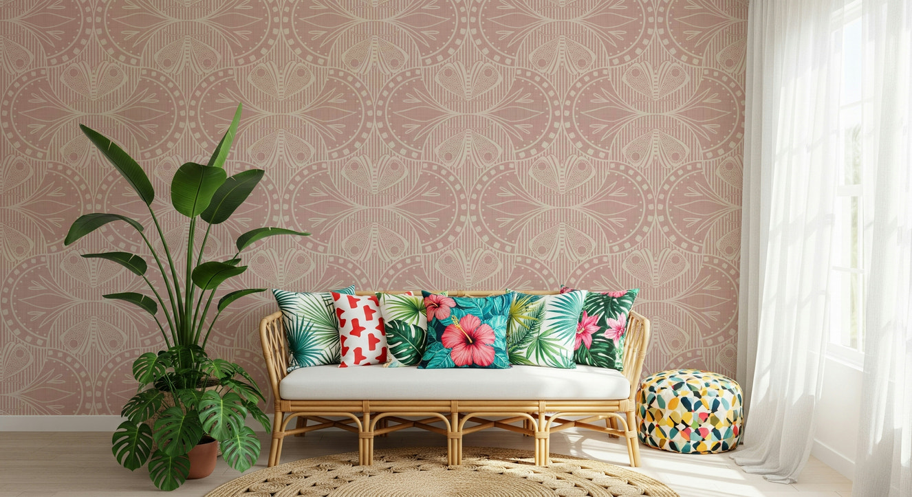 Stylized Art Nouveau Butterfly Floral in Dusty Pink wall mural.