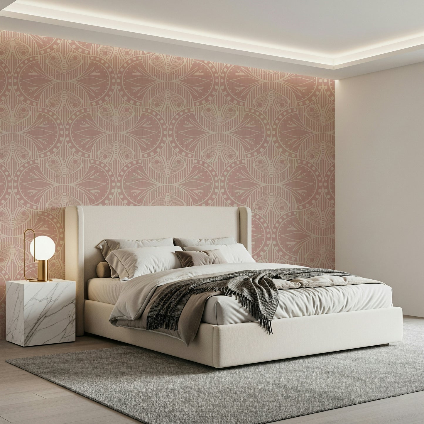 Symmetrical Art Nouveau Butterfly Floral in Dusty Pink wallcovering print.