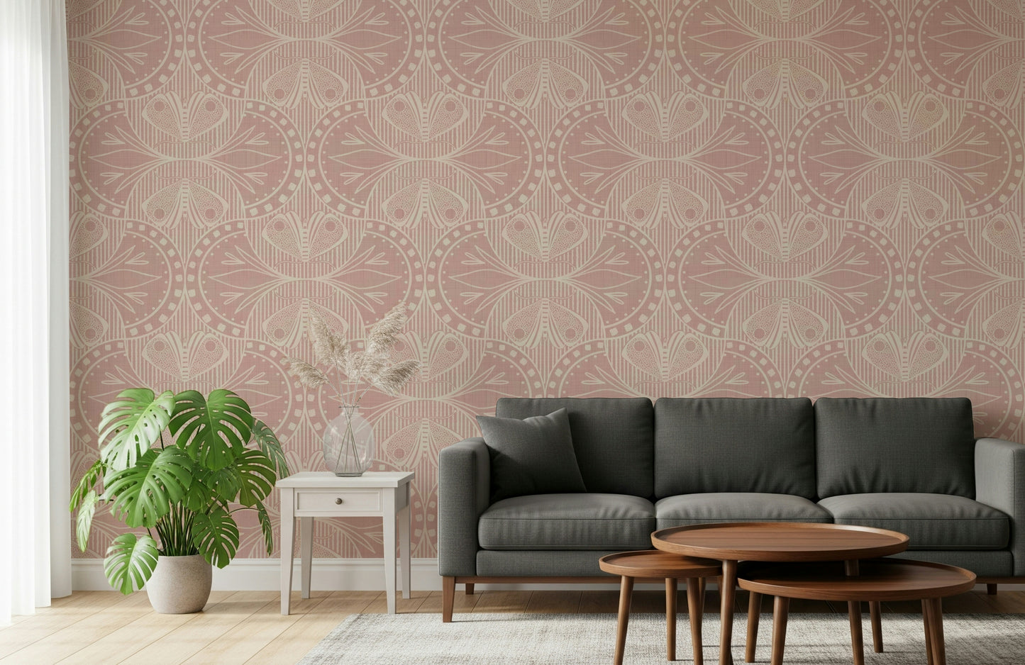 Soft Art Nouveau Butterfly Floral in Dusty Pink mural, vintage flair.