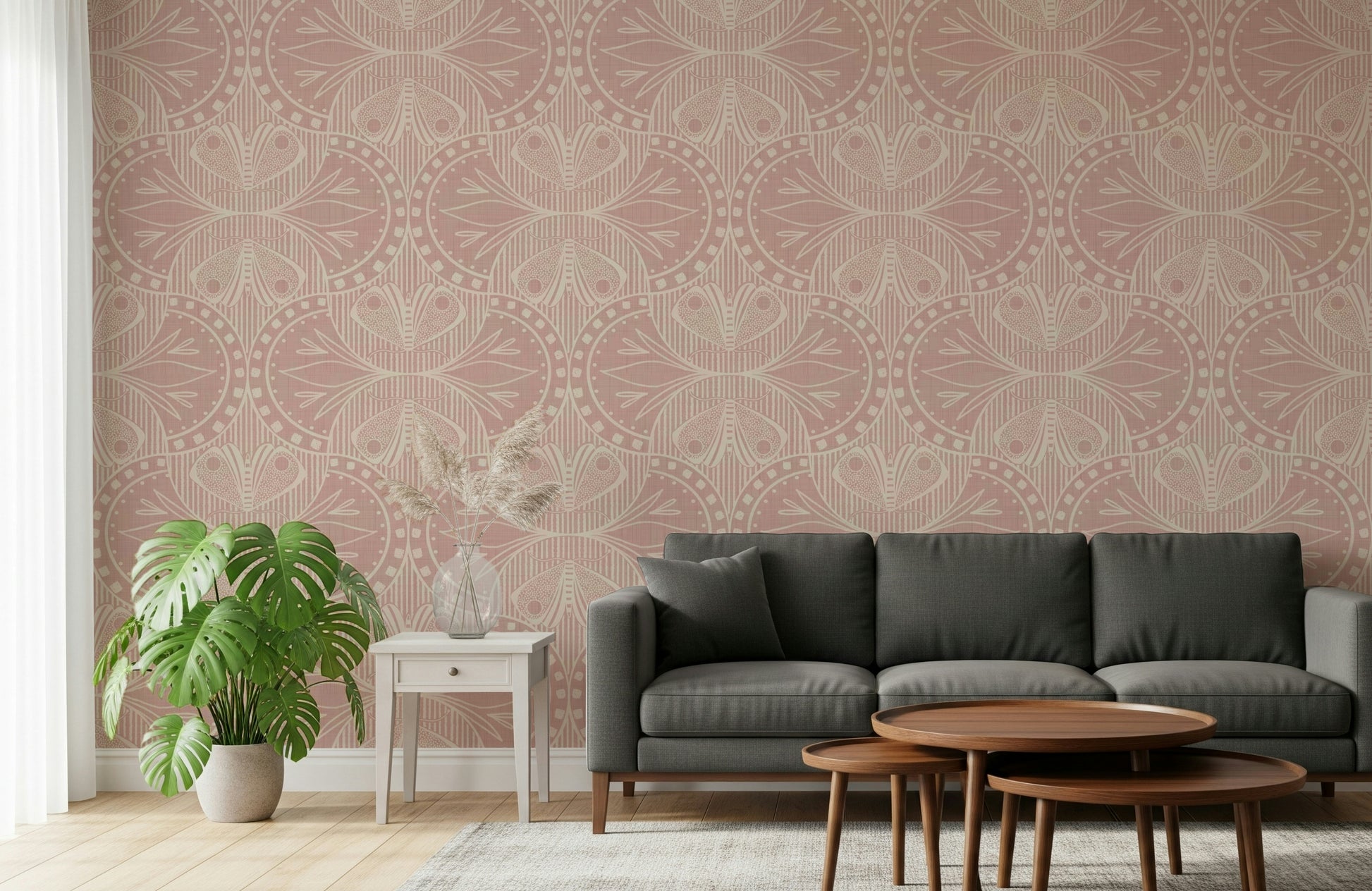 Soft Art Nouveau Butterfly Floral in Dusty Pink mural, vintage flair.