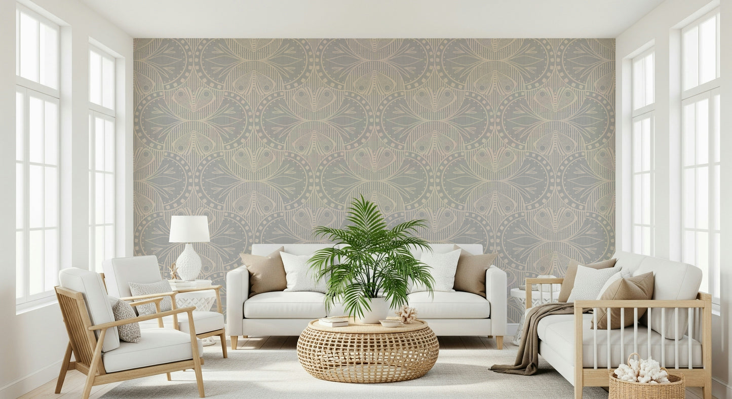 Art Nouveau Butterfly Floral in Light Grey Wallpaper⁠