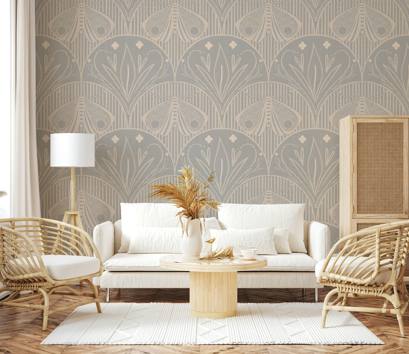Boho Art Nouveau Scallop Butterfly Floral inor Light Grey wall mural.