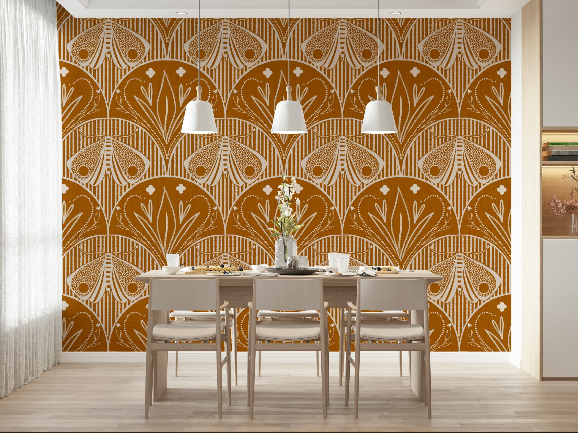 Hand drawn style graphic wallpaper Boho Art Nouveau Scallop Butterfly Floral in Burnt Orange.