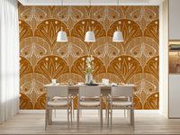 Hand drawn style graphic wallpaper Boho Art Nouveau Scallop Butterfly Floral in Burnt Orange.