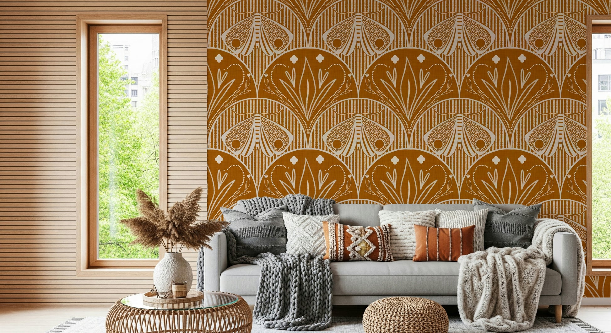 Rich autumnal shade wallpaper Boho Art Nouveau Scallop Butterfly Floral in Burnt Orange.