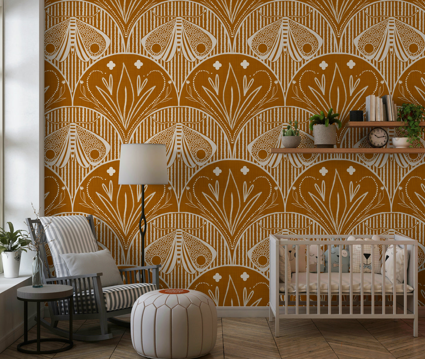 Earthy terracotta wall art Boho Art Nouveau Scallop Butterfly Floral in Burnt Orange.