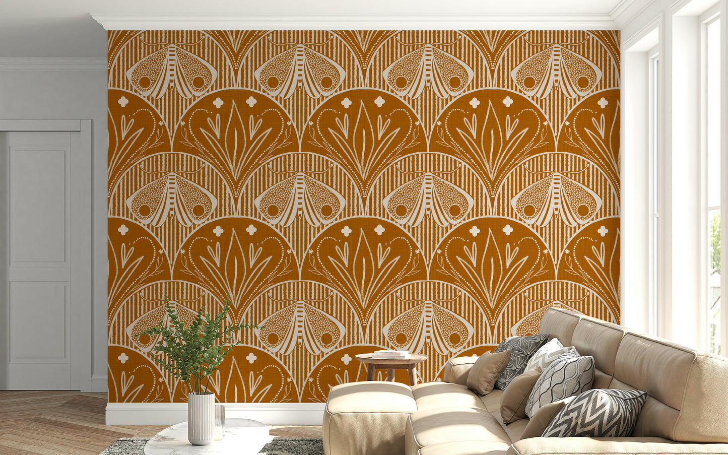 Intricate pattern room décor Boho Art Nouveau Scallop Butterfly Floral in Burnt Orange.