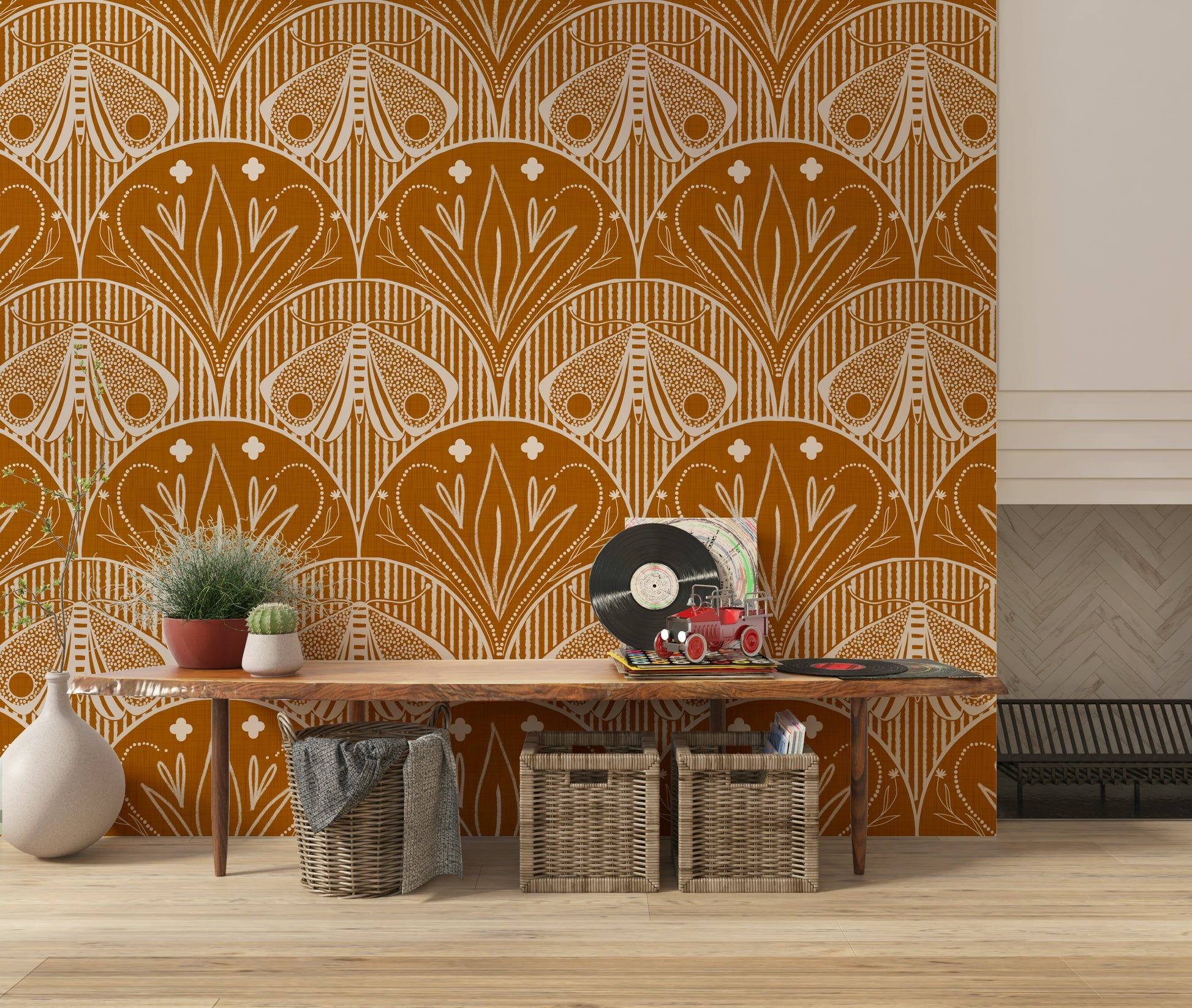 Warm ochre floral wall covering Boho Art Nouveau Scallop Butterfly Floral in Burnt Orange.