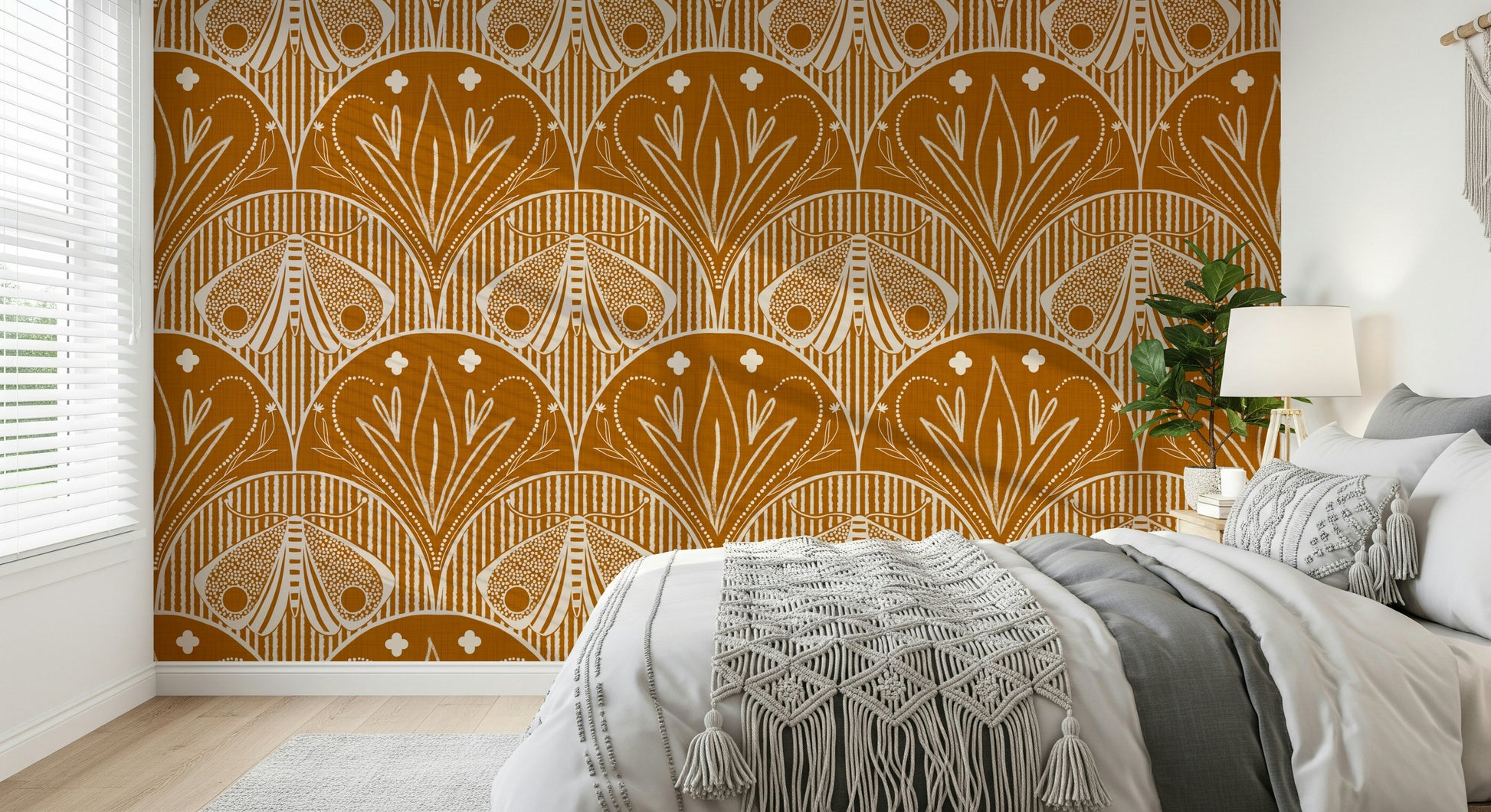 Striking vertical stripe background Boho Art Nouveau Scallop Butterfly Floral in Burnt Orange.