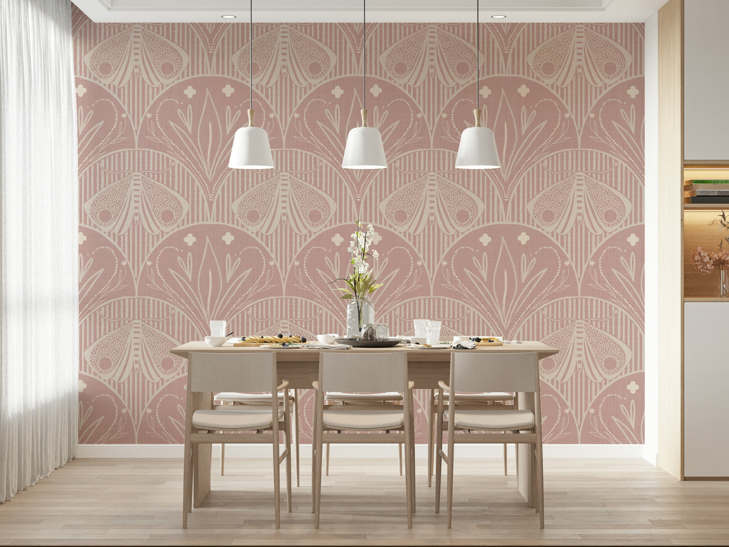 Wallpaper for walls, Cream Dust Pink Butterfly Floral, decorative bohemian print.