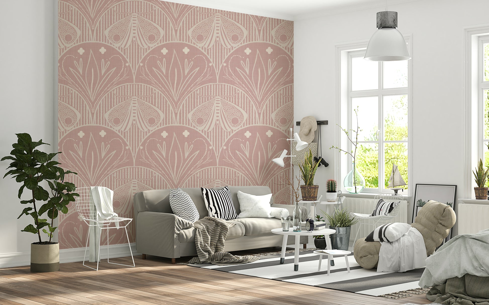 Boho Scallop or Butterfly Floral wallpaper, moth wings details, cream pink texture.