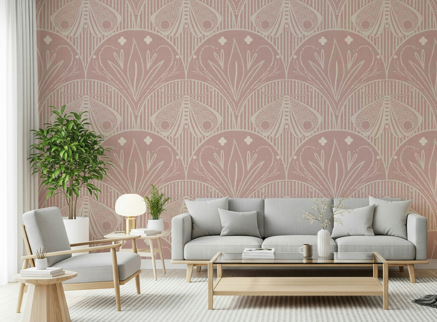 Wallpaper for walls, Boho Art Nouveau Scallop or Butterfly Floral soft pink pattern.