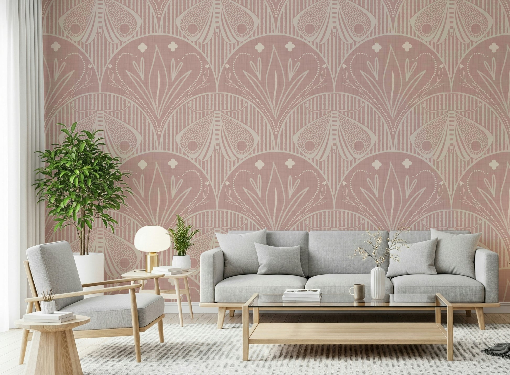 Wallpaper for walls, Boho Art Nouveau Scallop or Butterfly Floral soft pink pattern.