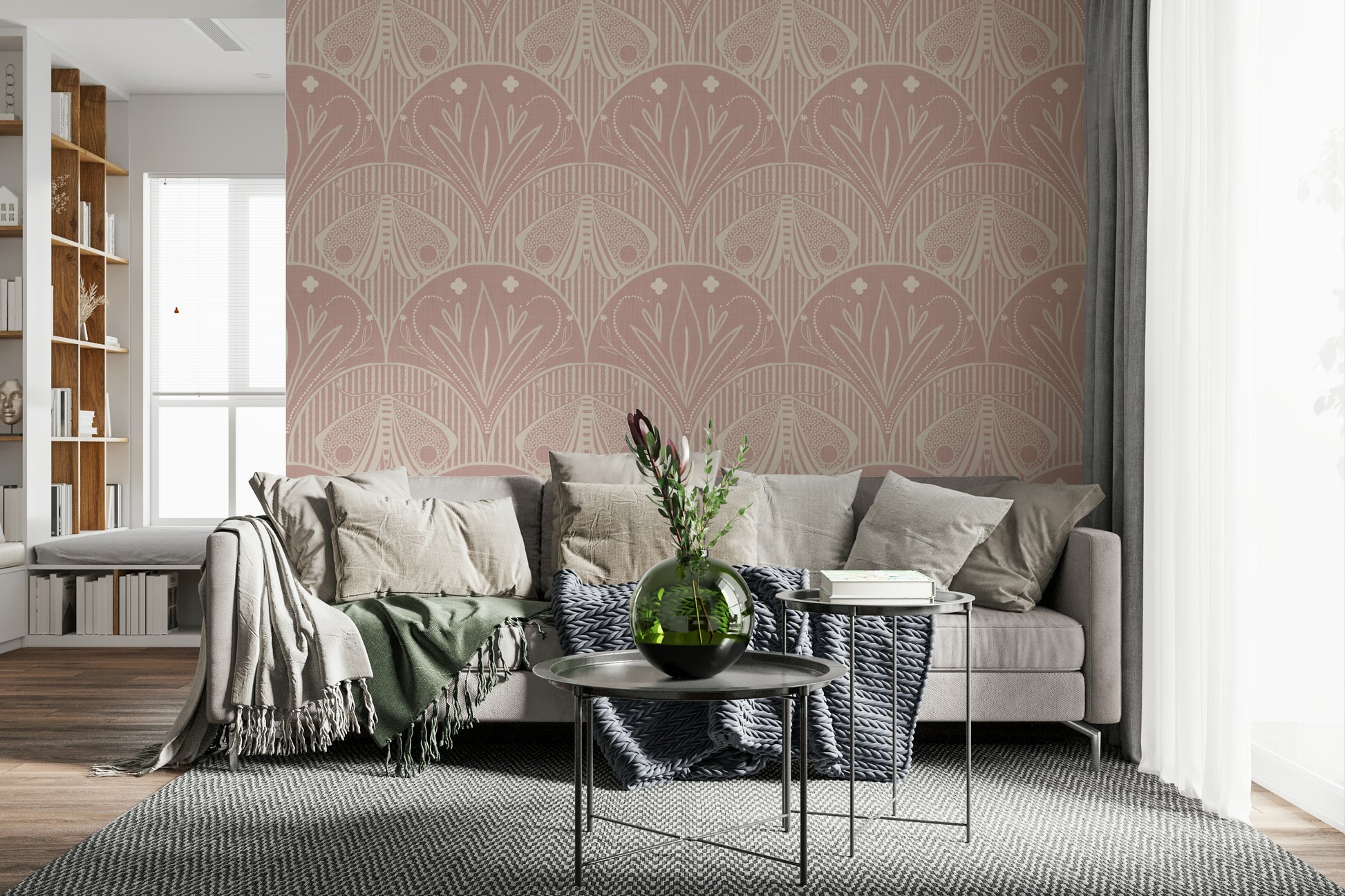 Boho Art Nouveau Scallop or Butterfly Floral in Cream and Dust Pink wallpaper, elegant moth design.